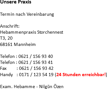 
Unsere Praxis Termin nach Vereinbarung Anschrift:
Hebammenpraxis Storchennest
T3, 20
68161 Mannheim Telefon : 0621 / 156 93 40
Telefon : 0621 / 156 93 41
Fax : 0621 / 156 93 42
Handy : 0171 / 123 54 19 (24 Stunden erreichbar!) Exam. Hebamme - Nilgün Özen